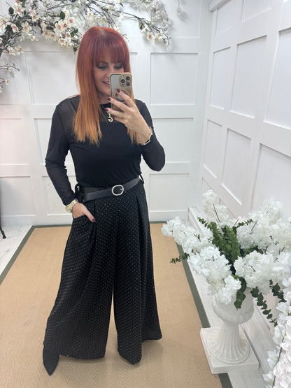 Davina: Black diamanté palazzo trousers. One size: 12-18