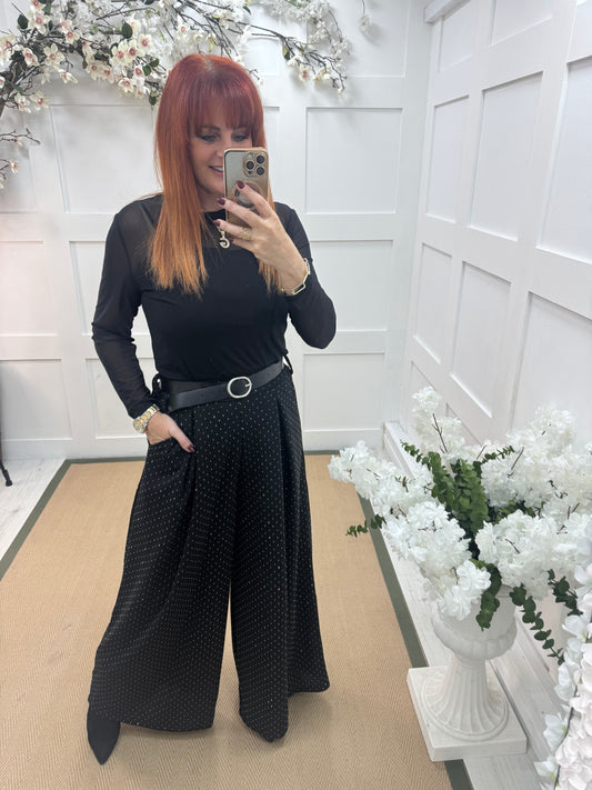 Davina: Black diamanté palazzo trousers. One size: 12-18
