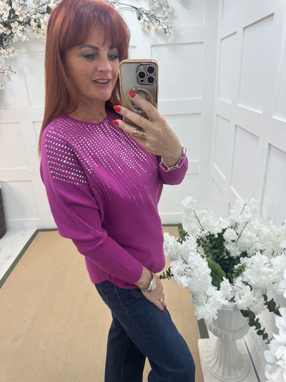 Arabella: Fuchsia diamanté long sleeve top. One size: 12-16