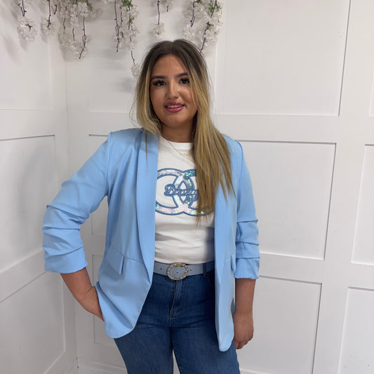 Jody: Baby blue ruched sleeve blazer. Sizes 10-18