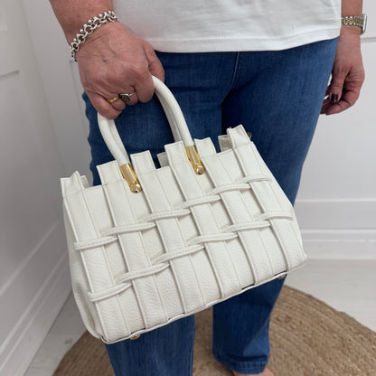 Misha: Small white weave tote bag