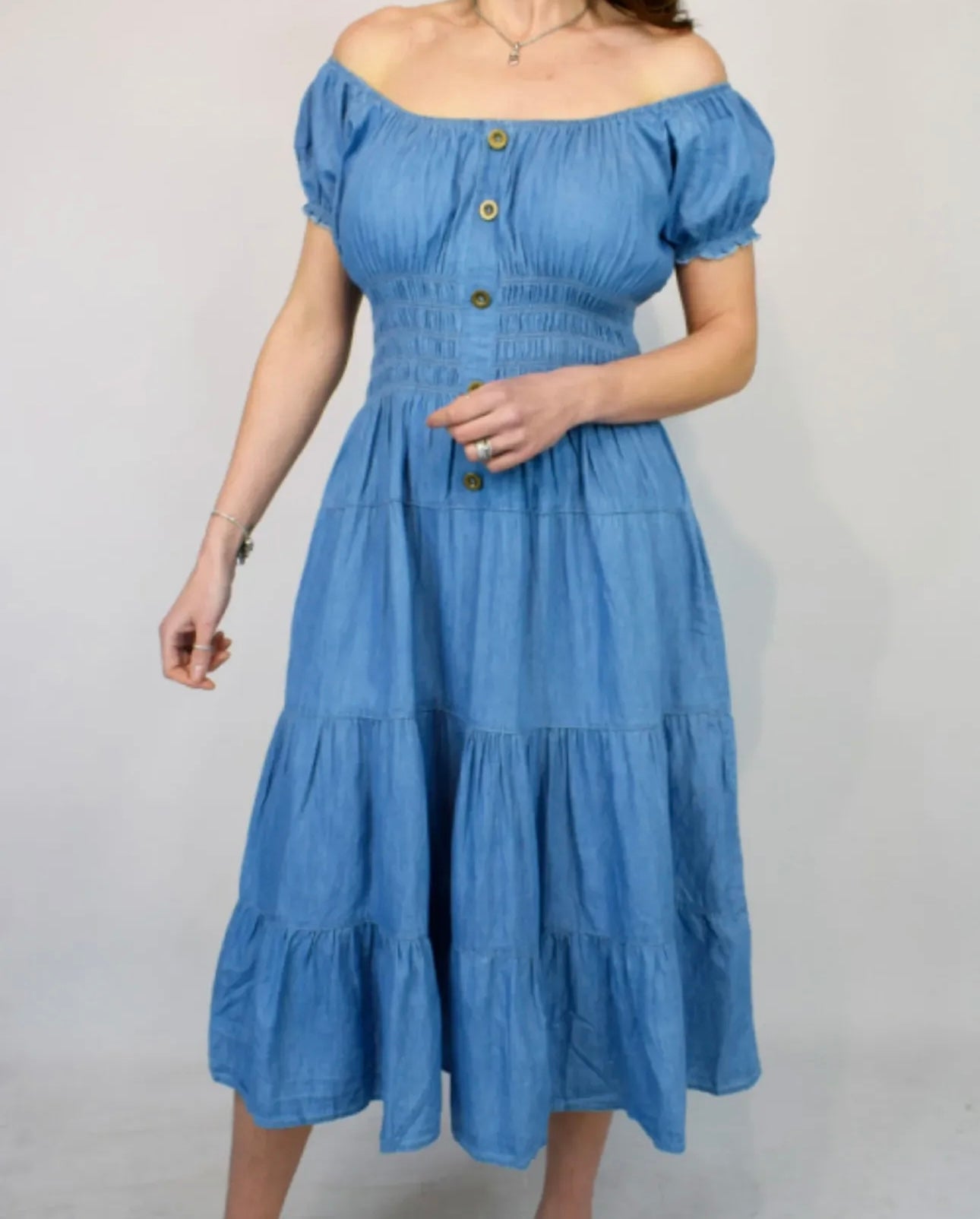 Remi: Cotton denim bardot midi dress. One Size 10-22