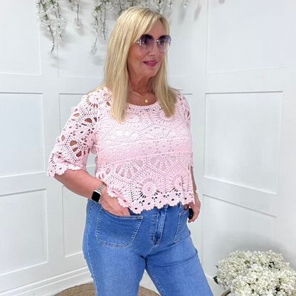 Ellie: Pink fluted arm crochet top & vest. One size: 10-16