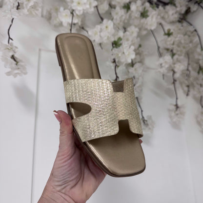 Heidi: Gold H style sliders. Sizes: 3-8