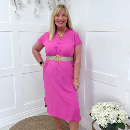 Azora: Pink V neck belted midi dress. One size 10-18