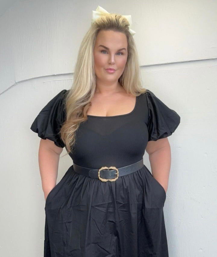 JoJo: Puff ball sleeve pocket midi dress. One size 8-20