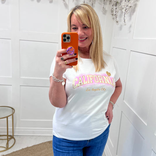 Cally: White & pink California T shirt. 12-20