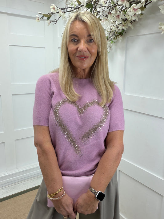Hallie: Diamante heart short sleeve knit top. One size: 10-16. 2 colours