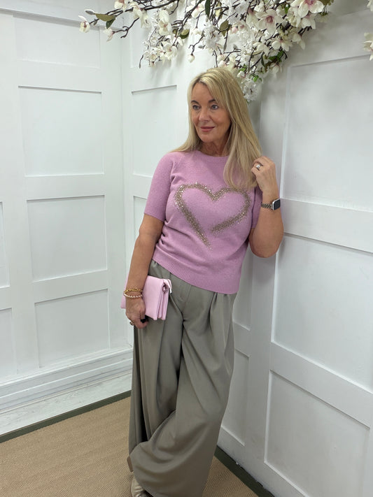 Hallie: Diamante heart short sleeve knit top. One size: 10-16. 2 colours