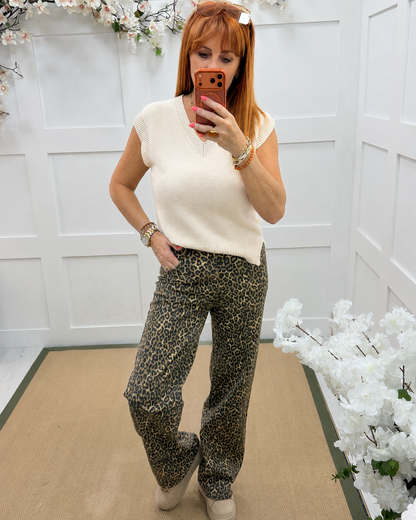 Polly: Leopard print wide leg jeans. Sizes: 8-18