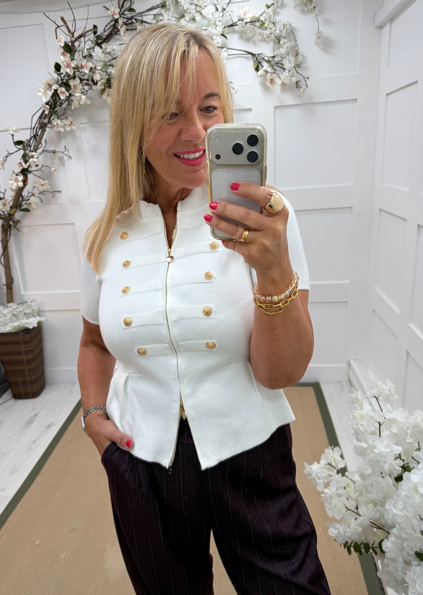 Stevie: Short sleeve military knit top. One size: 8-14. 2 colours