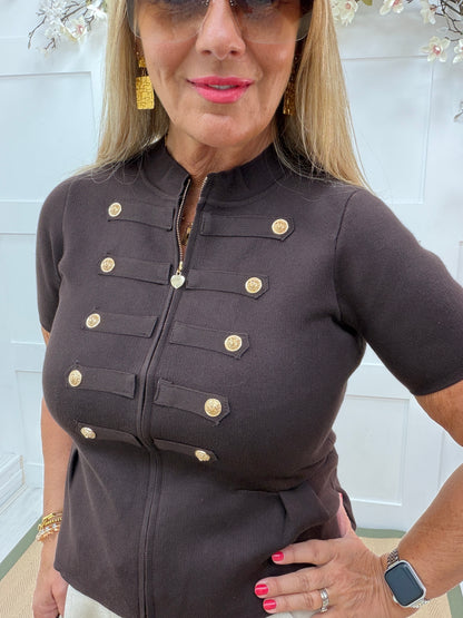 Stevie: Short sleeve military knit top. One size: 8-14. 2 colours