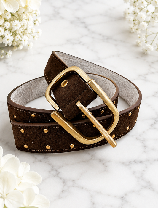 Suzi: Brown & gold faux suede belt. One size: 8-16