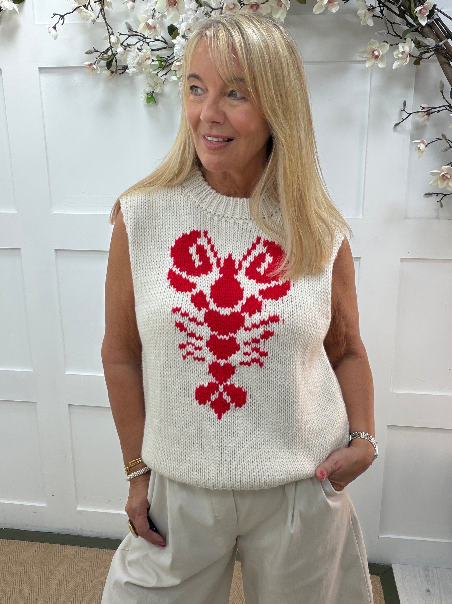 Larrie: Sleeveless lobster soft knit top. One size: 14-18. 2 colours