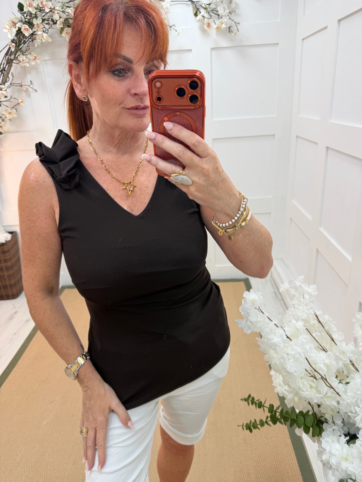 Ruthy: Ruffle shoulder V neck vest top. One size: 10-16. 8 colours