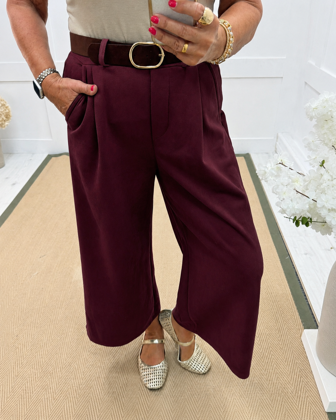 Danica: Stretchy 3/4 wide leg belted trousers. One size: 10-16. 4 colours