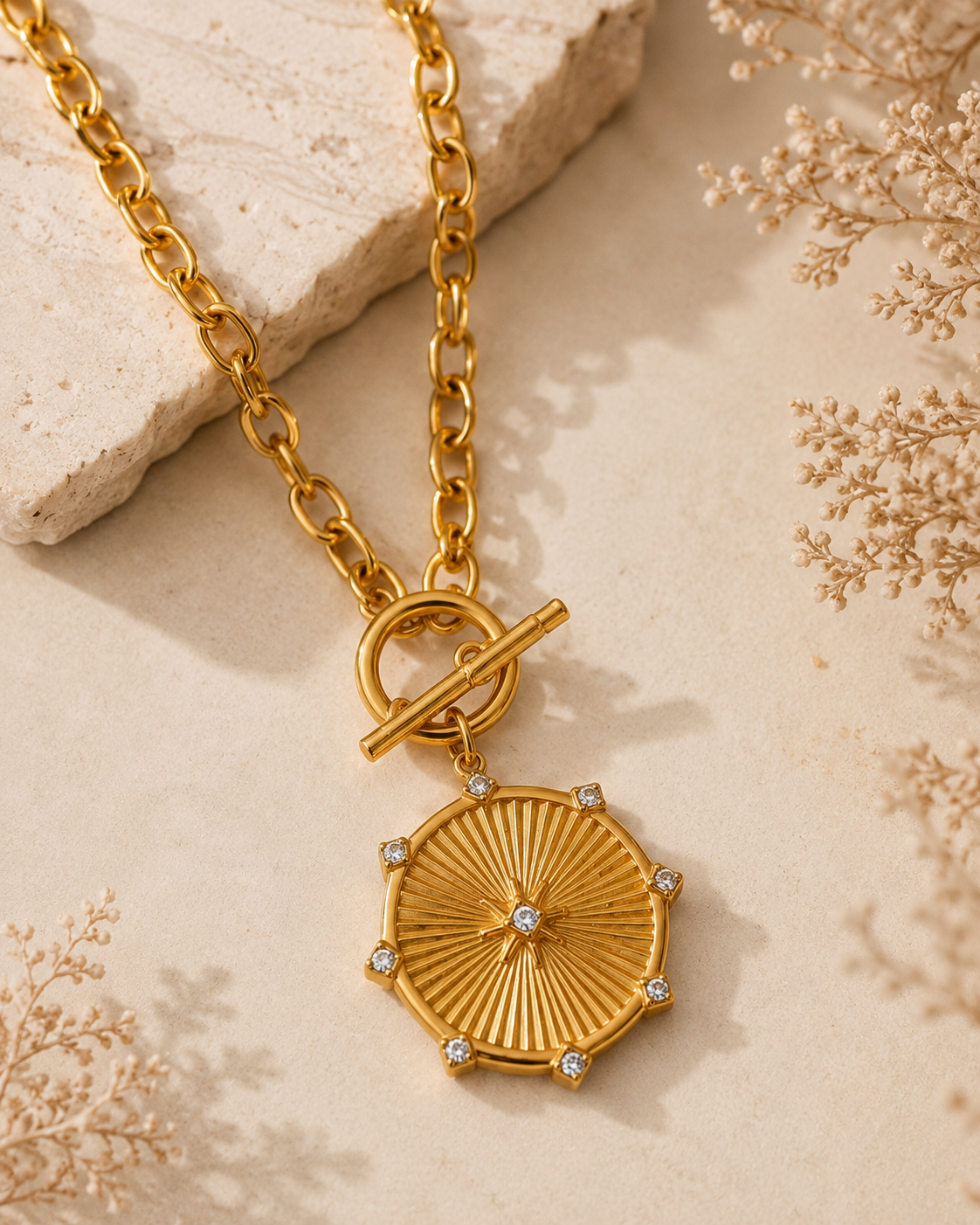 Celeste: Gold diamanté pendant T bar necklace