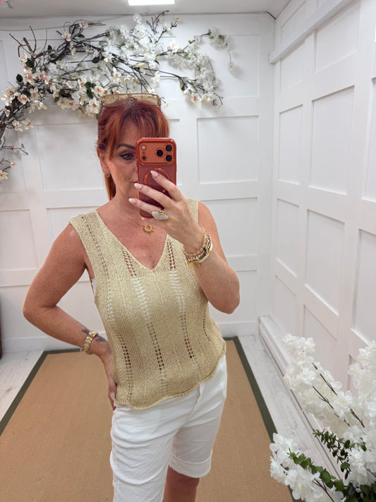Mina: Gold open knit lurex vest top. One size: 10-16
