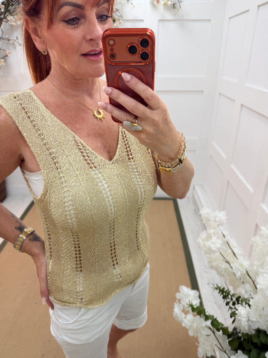 Mina: Gold open knit lurex vest top. One size: 10-16