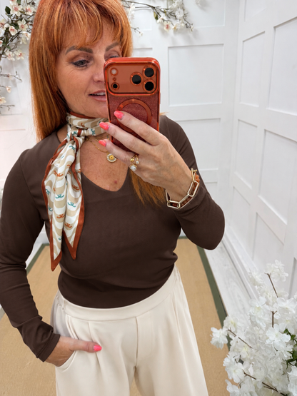 Viki: V neck ribbed long sleeve top. One size: 10-14. 3 colours