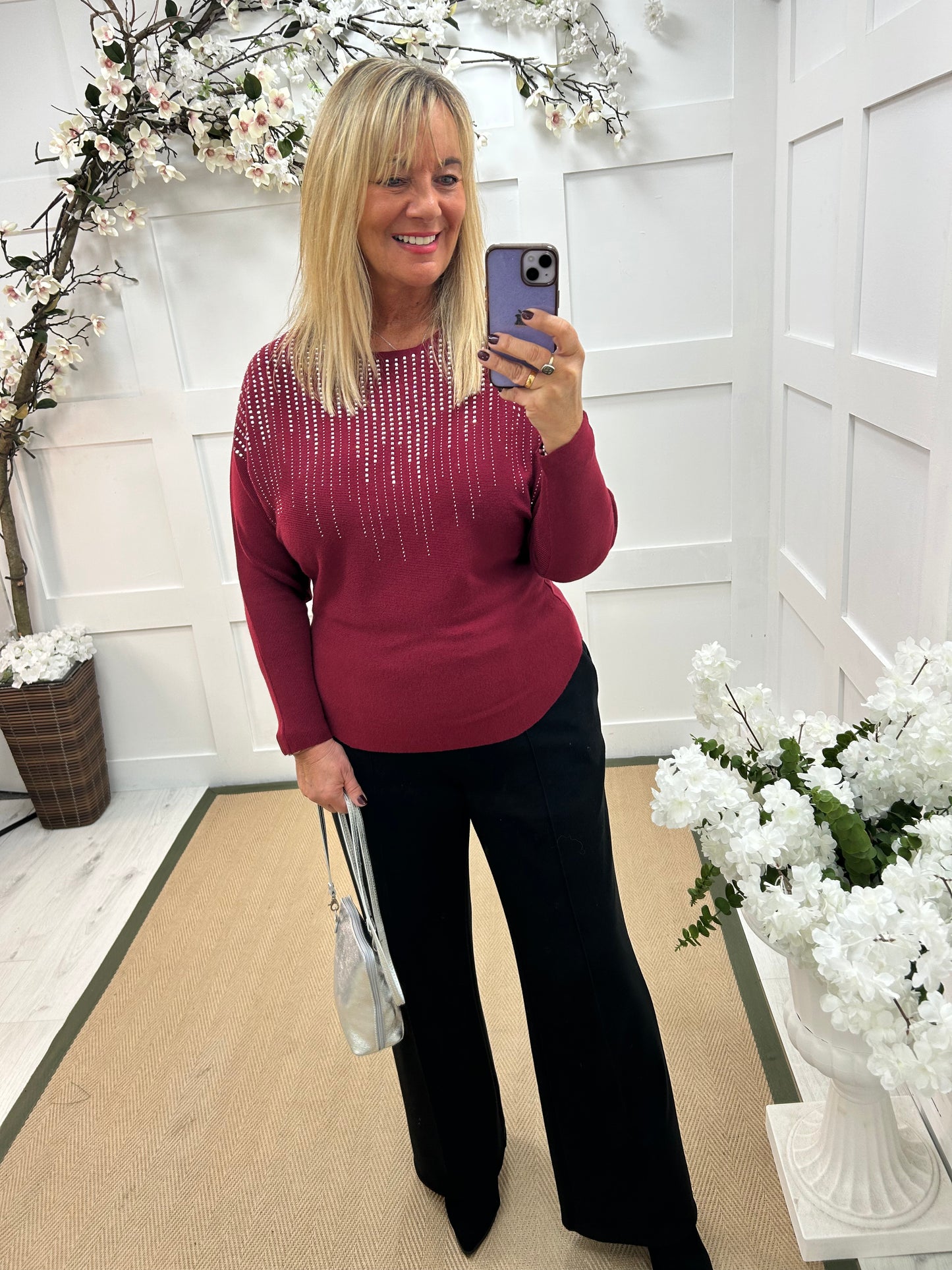 Arabella: Burgundy diamanté long sleeve top. One size: 12-16