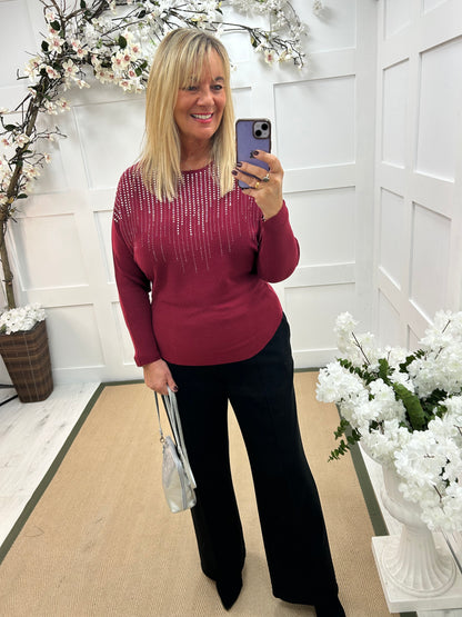 Arabella: Burgundy diamanté long sleeve top. One size: 12-16