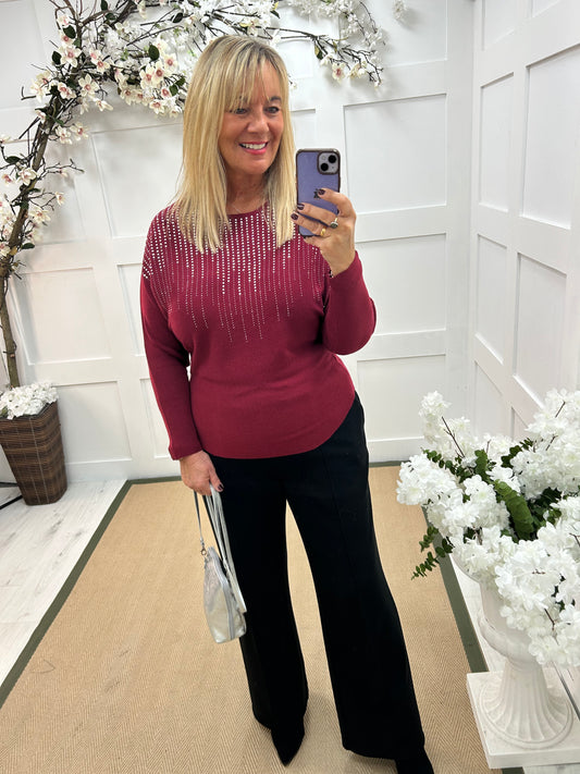 Arabella: Burgundy diamanté long sleeve top. One size: 12-16