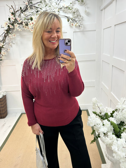 Arabella: Burgundy diamanté long sleeve top. One size: 12-16