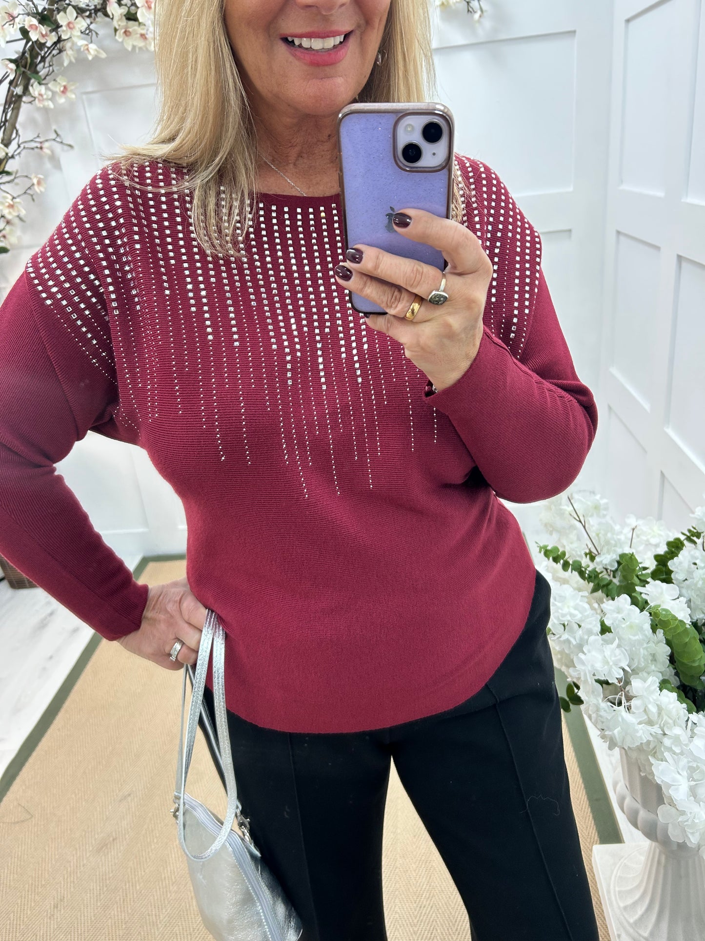 Arabella: Burgundy diamanté long sleeve top. One size: 12-16