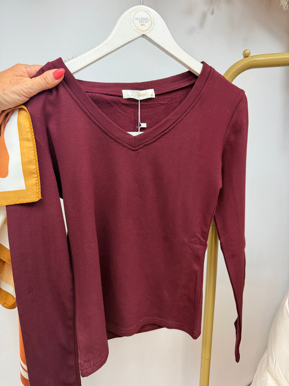 Bobbie: Basic V neck plain long sleeve top . One size: 8-14. 5 colours