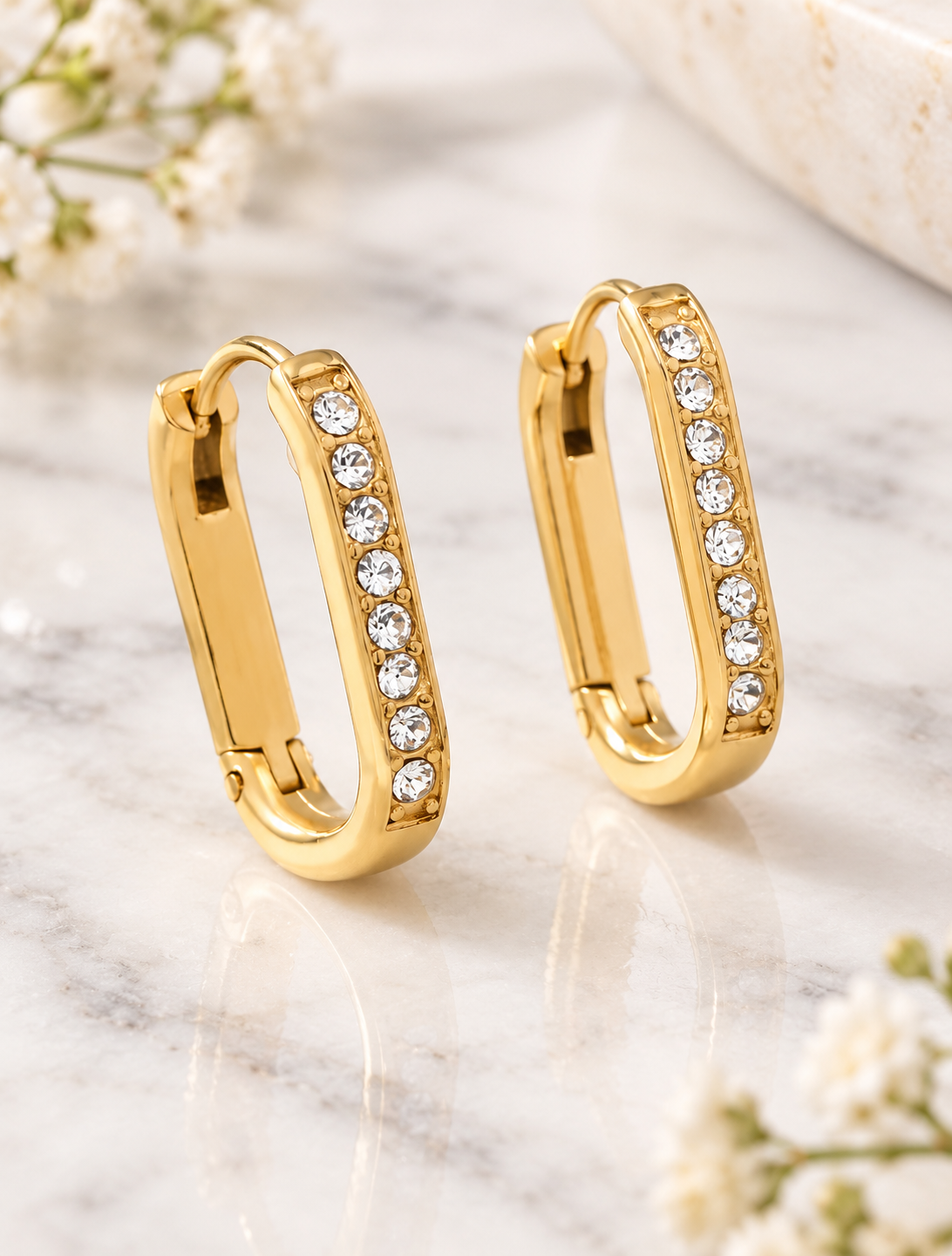 Savoy: 18K gold oval hoop CZ earrings