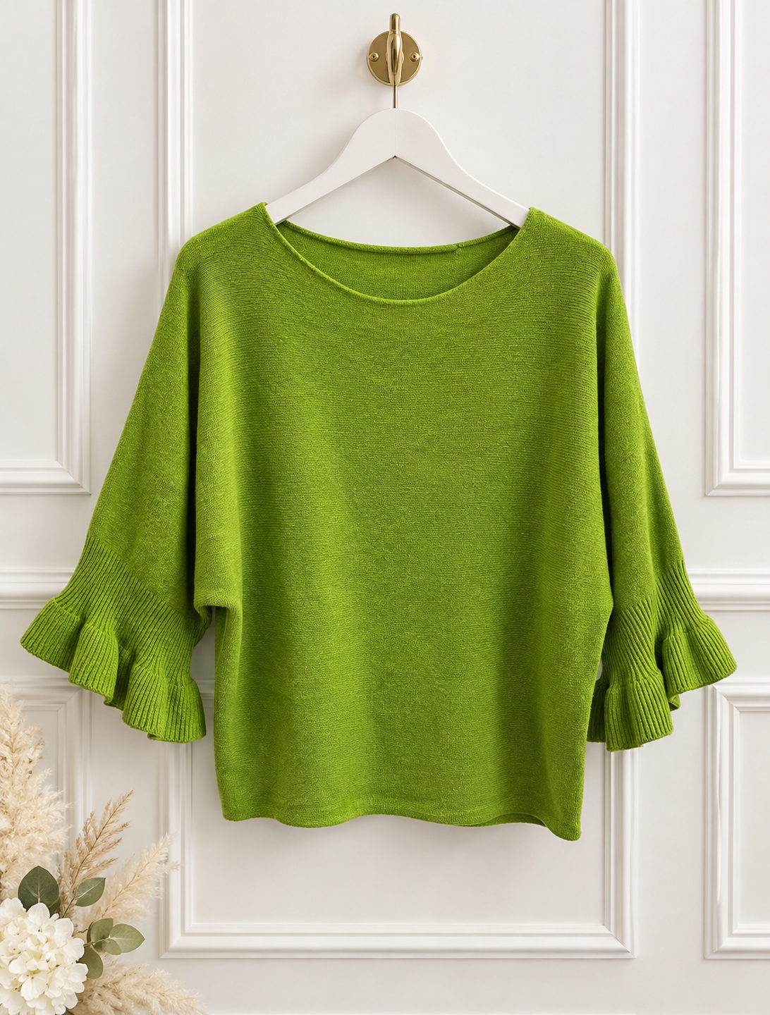 Sierra: Batwing fluted sleeve knitted top. One Size 12-18. Various colours