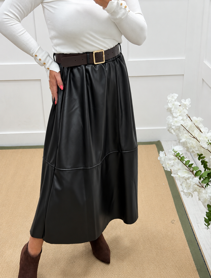 Loretta: Faux leather belted skirt. One size: 10-16/18. 3 colours