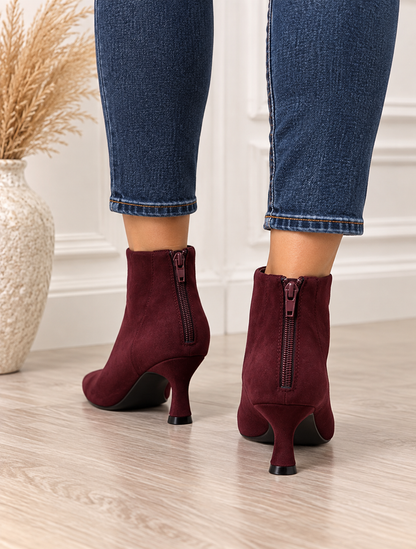 Bethany: Burgundy kitten heel ankle boots. Sizes: 3-8