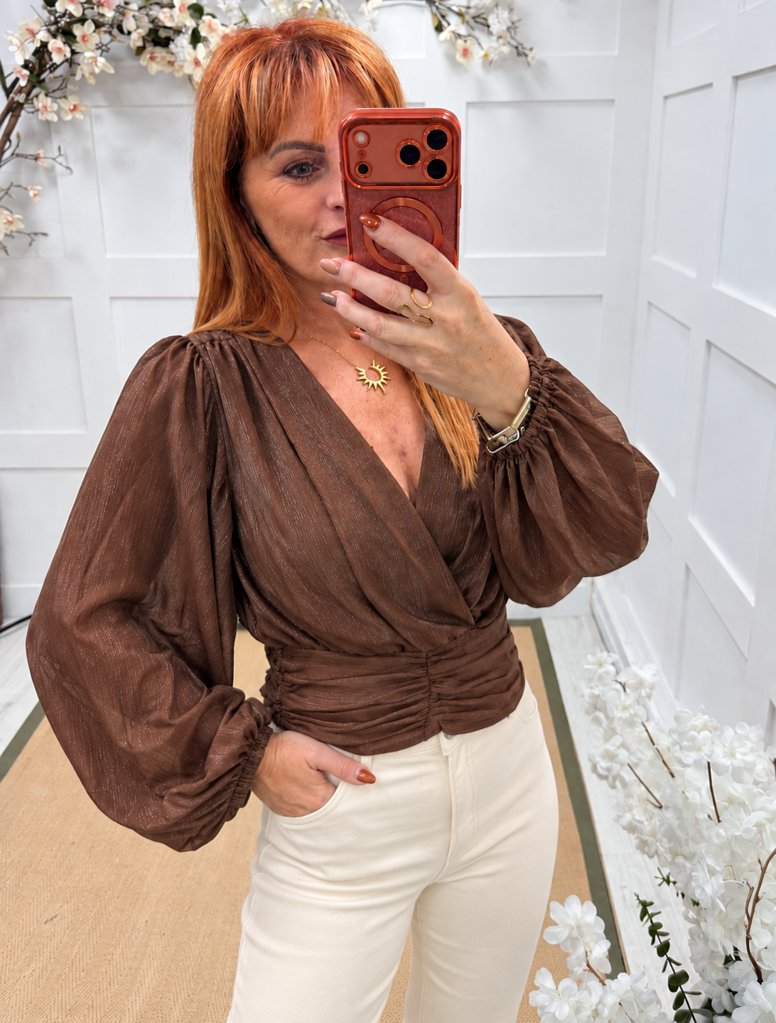 Tanya: Wrap style long balloon sleeve printed top. 3 sizes. 2 colours