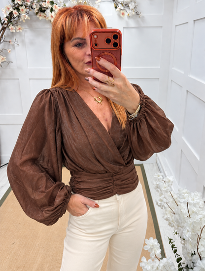 Tanya: Wrap style long balloon sleeve printed top. 3 sizes. 2 colours