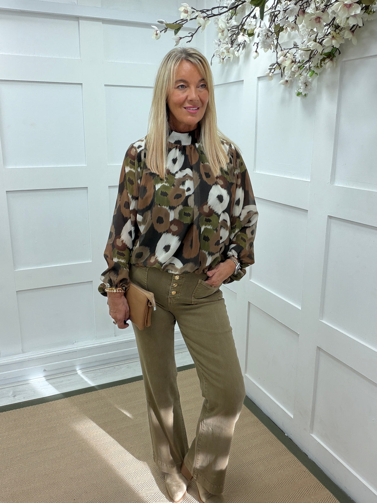 Perri: High neck printed blouse. One size: 12-18. 3 colours