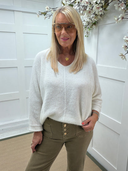 Mara: V neck long sleeve slouchy knit top. One size: 12-18. 4 colours