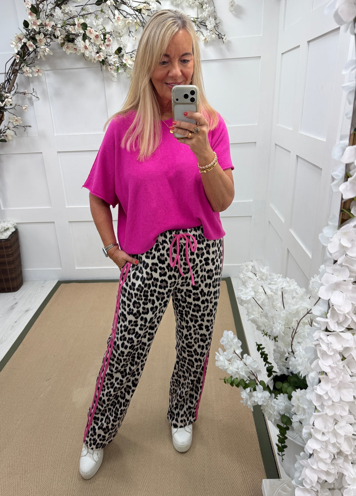 Liza: Leopard print sports stripe trousers. One size: 10-16. 2 colours