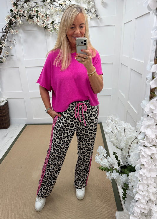 Liza: Leopard print sports stripe trousers. One size: 10-16. 2 colours