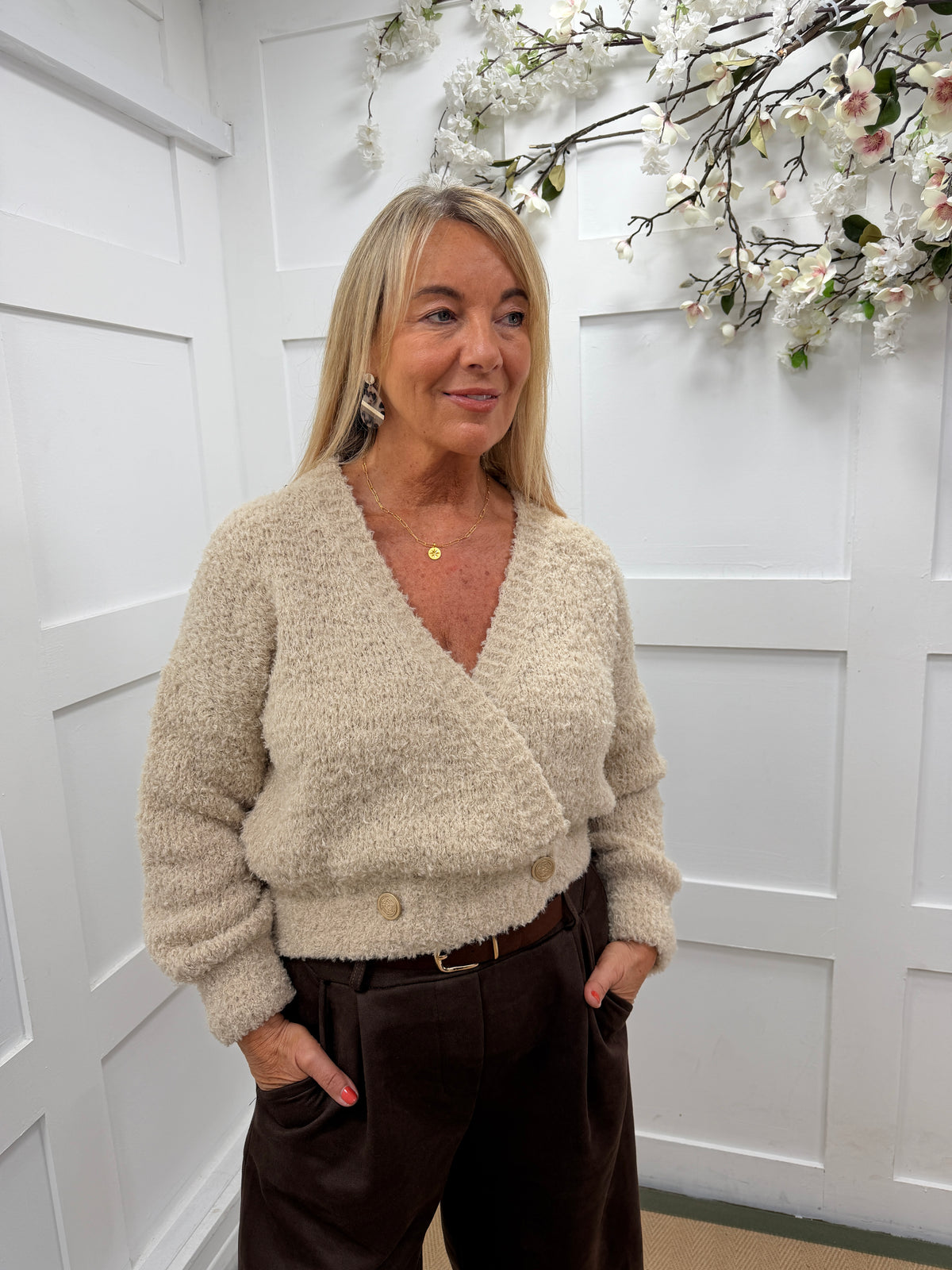 Astrid: Mohair gold button wrap cardigan. One size: 12-18 4 colours