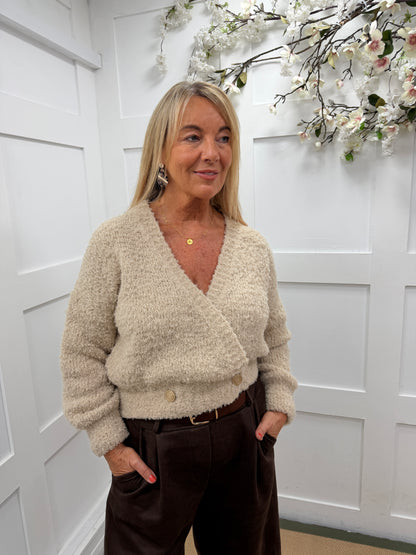 Astrid: Mohair gold button wrap cardigan. One size: 12-18 4 colours