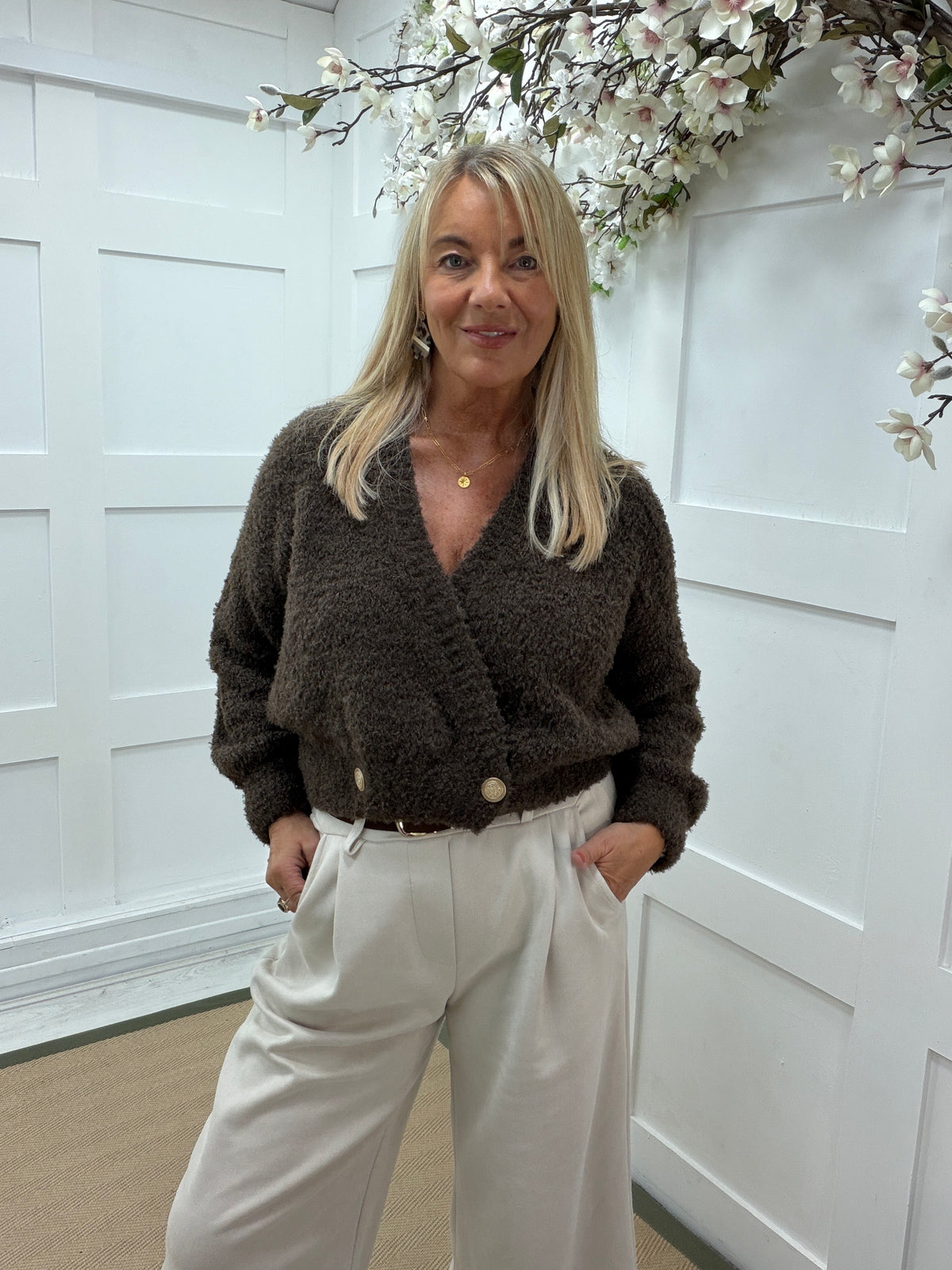 Astrid: Mohair gold button wrap cardigan. One size: 12-18 4 colours