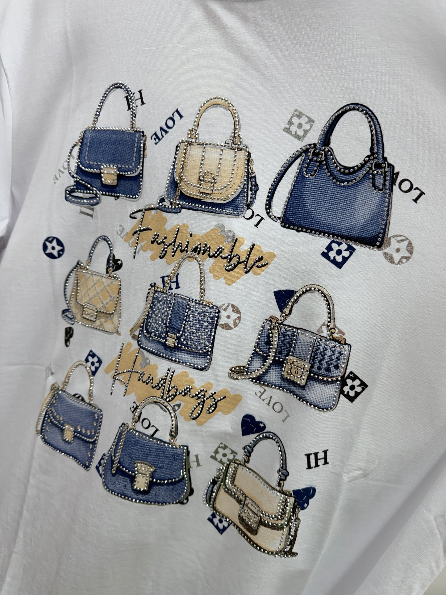 Petra: White diamanté handbag T shirt. One size: 12-18. 2 colours