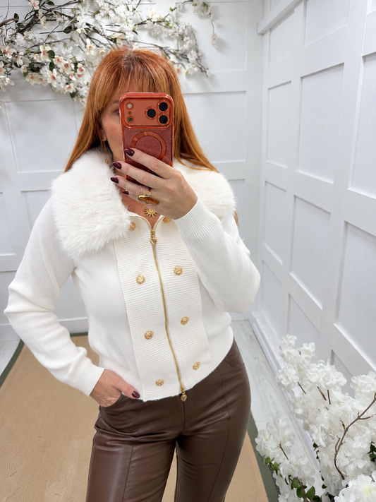 Goldie: Detachable faux fur collared zip up top. One size: 12-16. 4 colours