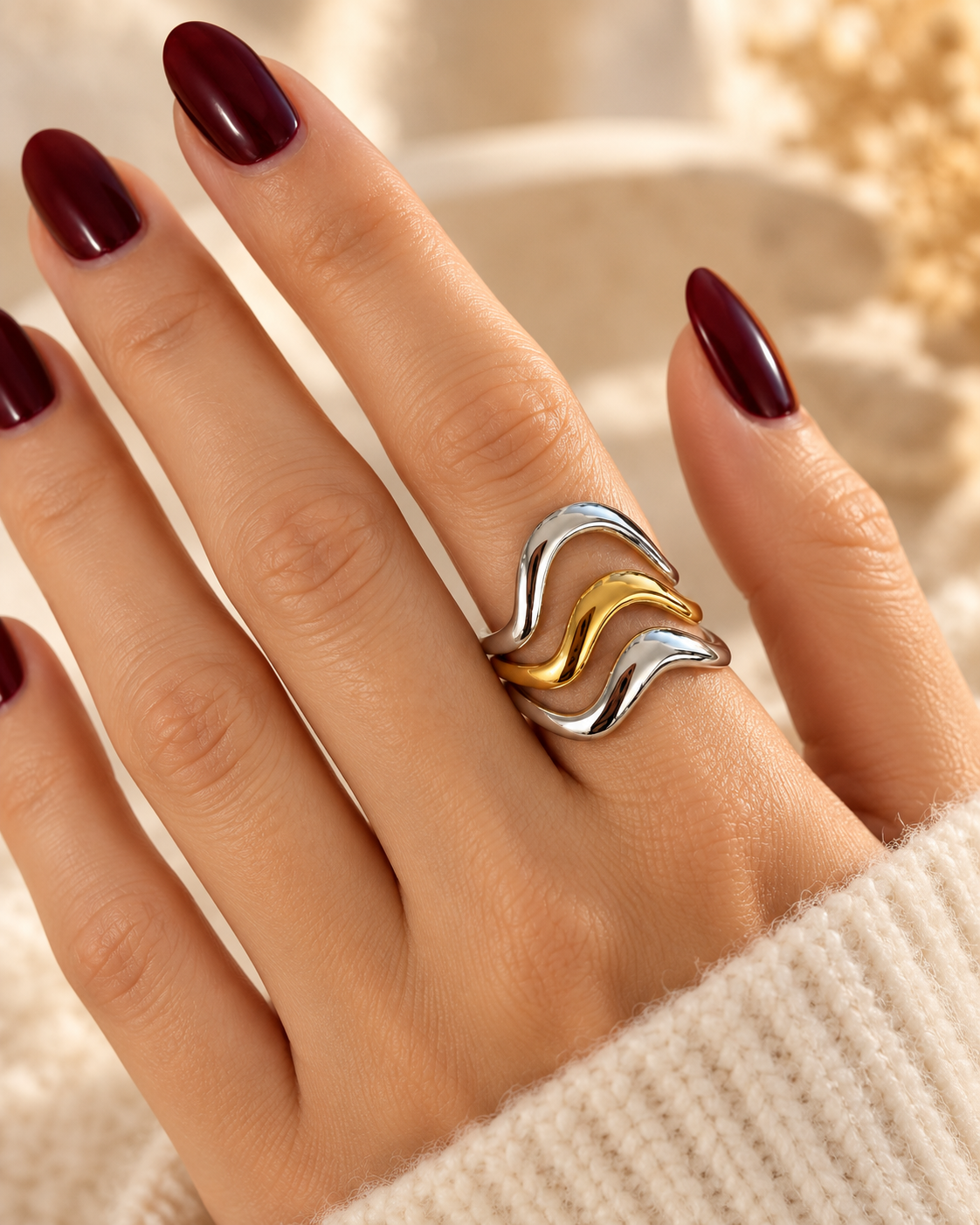 Sera: Gold plated wave statement ring. 2 colours