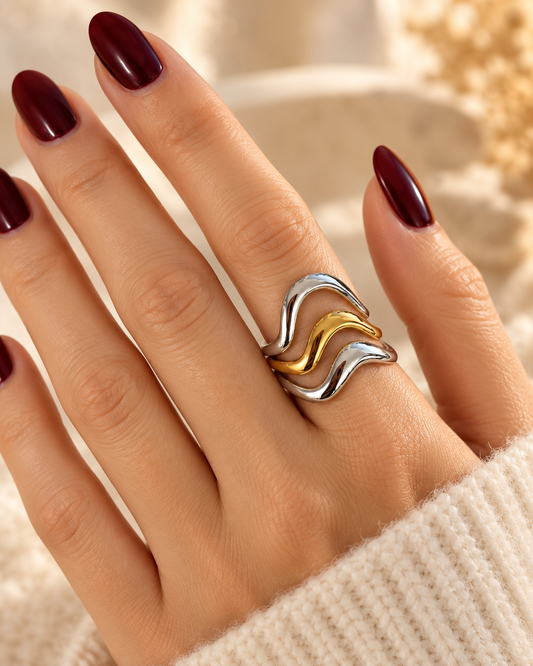 Sera: Gold plated wave statement ring. 2 colours