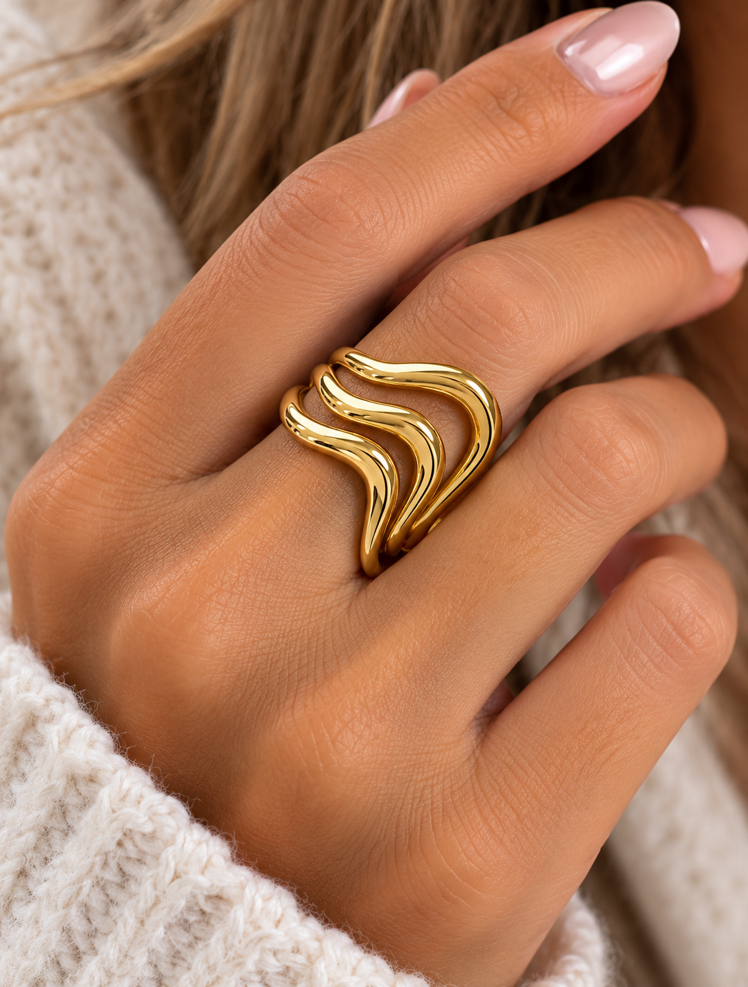 Sera: Gold plated wave statement ring. 2 colours