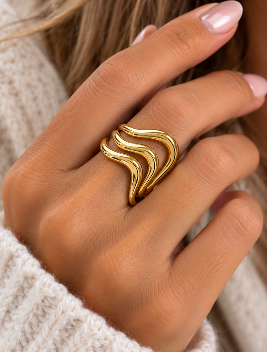 Sera: Gold plated wave statement ring. 2 colours