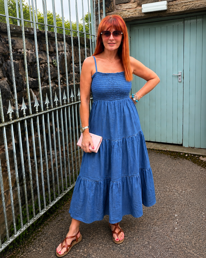 Dana: Denim blue shirred midi dress. One size 8-16
